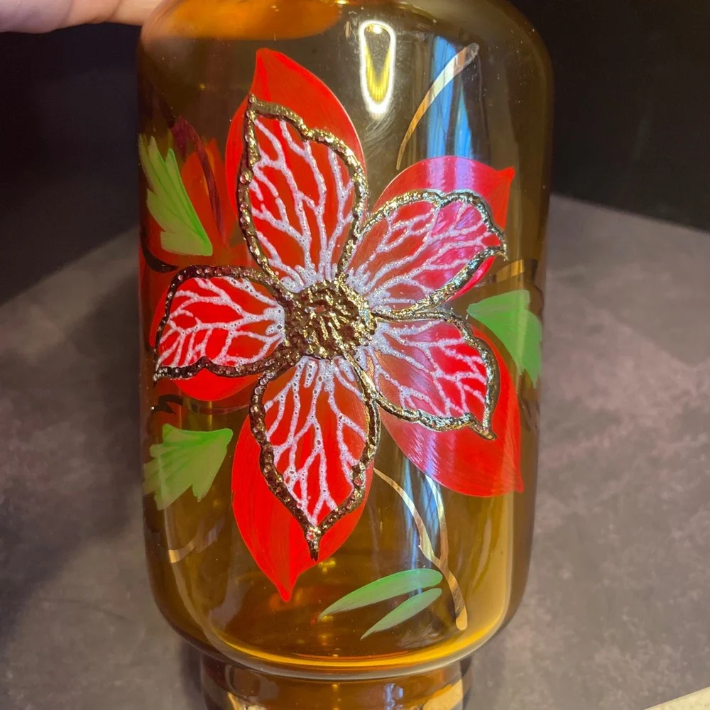 Amber Glass Red Flower‎ Decanter Green Leaf Glasses Vintage Barware Gold Trim